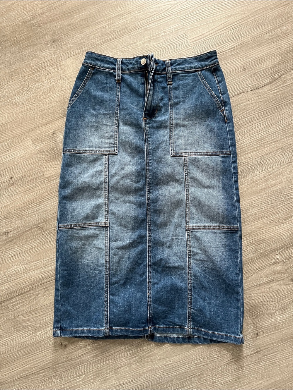 Time and Tru Blue Patch-Paneled Denim Midi Skirt
